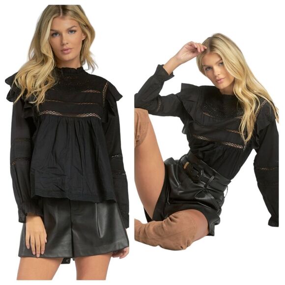 NEW ELAN Jace Ruffle Eyelet Cotton Oversized Blouse in Black Size Medium - Picture 1 of 9